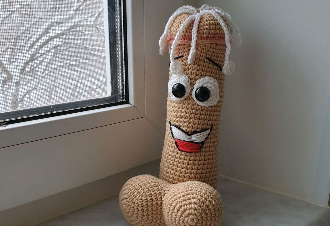 Knitted toy symbolizes enlarged penis